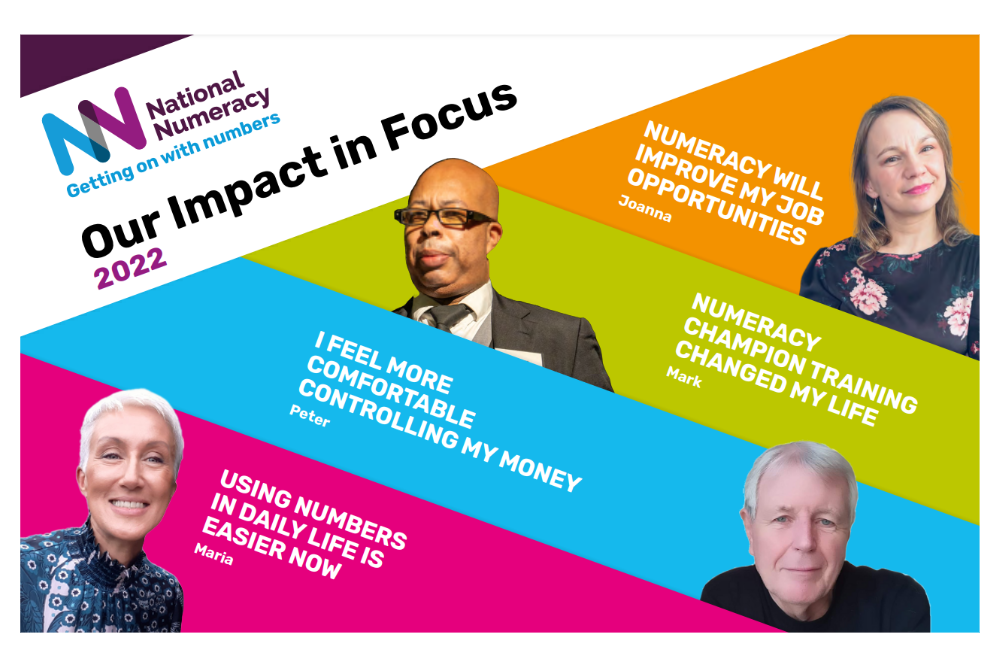 Impact report cover image, with photos of National Numeracy's Hero beneficiaries
